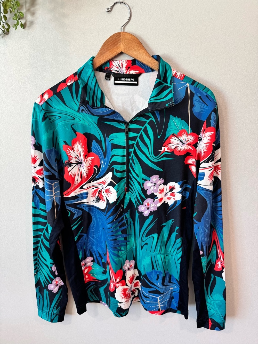 J.Lindeberg Tropical Floral Half-Zip Pullover - Teal, Navy & Red Sz M